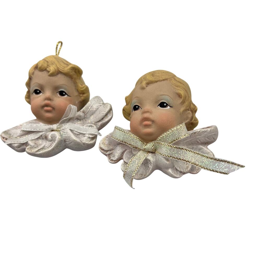 Vtg Set 2 Ceramic Angel Cherub Head Christmas Ornaments Just Ducky Mary Handmade